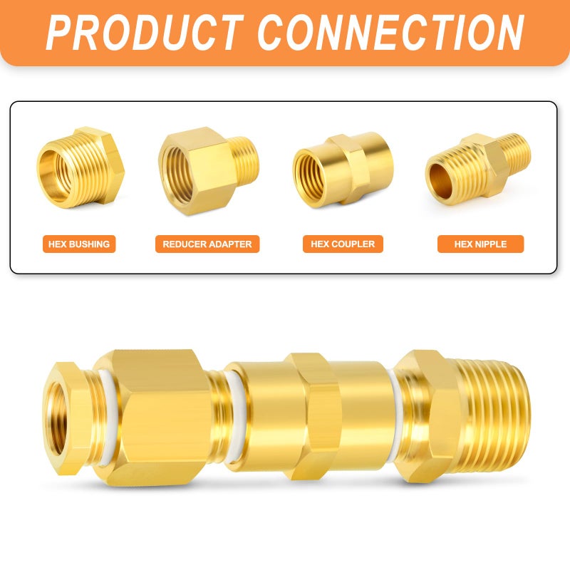 GASHER 15PCS Brass Pipe Fitting, Hex Bushing, Reducer Adapter, Reducing Hex Nipple 1/2 Inch NPT x 3/8 Inch NPT - Image 3